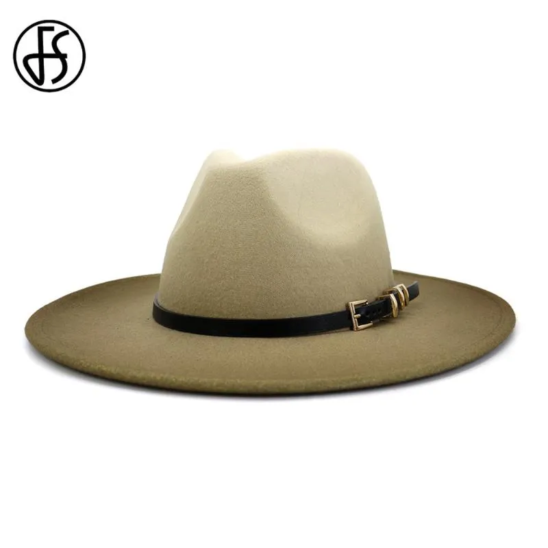 Beige Camel Wool Jazz Hat Kvinnor Män kände sig breda brimhattar Trilby Ladies Vintage Gradient Panama Fedora Cap med Belt Buckle303s