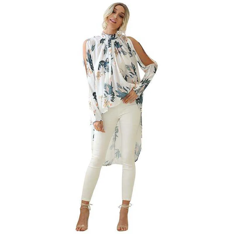 Dames Tops en Blouses Zomer Floral Print Chiffon Long Shirt Plus Size Elegante Dames Top Off Shoulder Boho Blouse Femme 210608