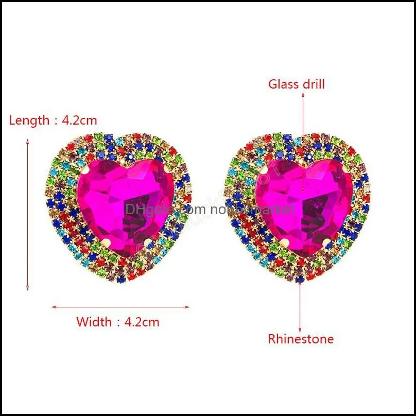 Colorful Crystal Love Heart Stud Earrings Luxury Sparkly Rhinestone Beaded Statement Earrings Girls Party Ear Jewelry