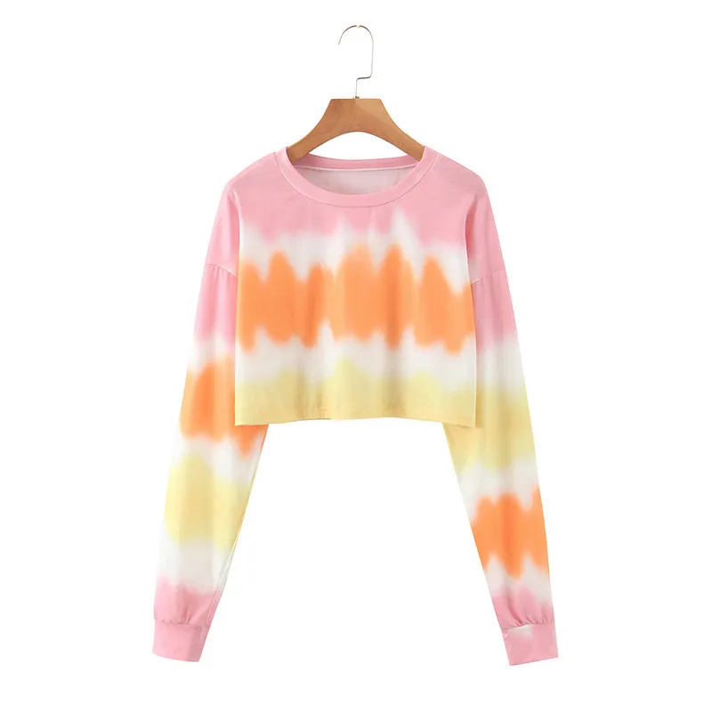 HSA Koszulki Różowe Gradient Bluza Damskie Eleganckie Luźne Panie Trend Tie Dye Długi Sleever Mujer O-Neck Kobiet Top 210417