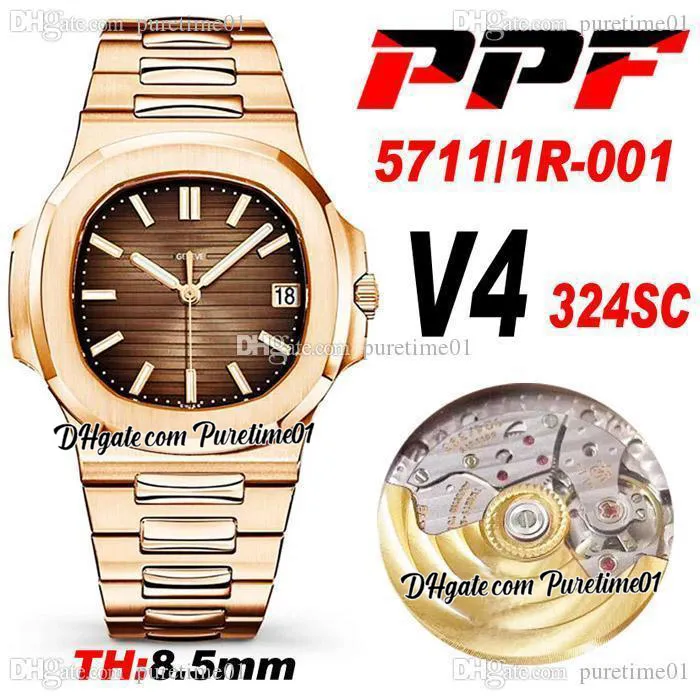 PPF V4 5711-1A-012 A324SC PP324SC Automatyczny Zegarek Męski 18 K Róża Złota Szary tekstury Dial Markery Stick Stainless Bransoletka 8.5mm Grubość Super Edition Puretium D4