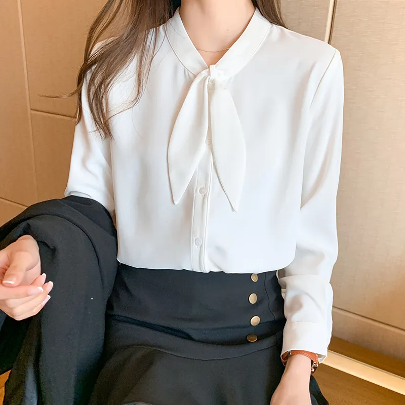 Femmes coréennes Chemises Blouses en mousseline de soie Blouses à manches longues Femme Blouse en dentelle blanche Top Plus Taille Bow Tie Chemise XXL 210427