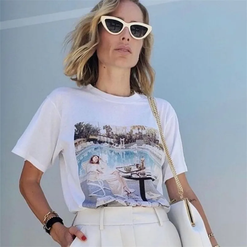Bild klassiska rock tees skjortor kvinna sommar kort ärm rund hals bomull tshirts casual vintage grafik t-shirts topps 210406