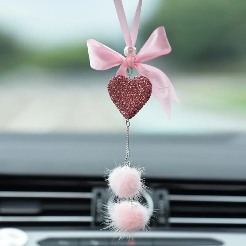 Interior Decorations Car Decoration Pendant Bowknot Feather Auto Rearview Mirror Hanging Ornaments Heart Bling Pink Accessories Female Gifts