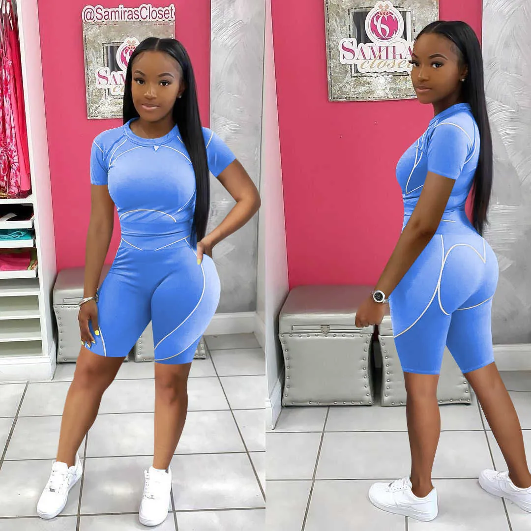 Hirigin Striped Summer Vacation Outfit For Women Short Sleeve Gym Shirts Women And Top Biker Shorts Tracksuit With Sporty Matching Set Y0702 From Mengqiqi05 20.18 DHgate.Com