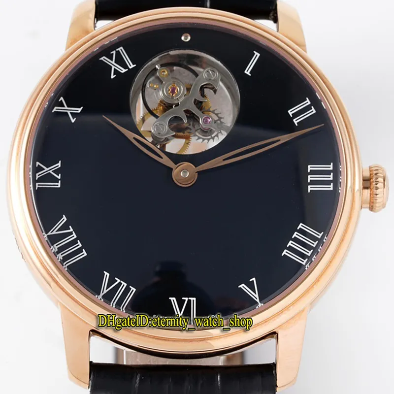 영원한 시계 jbf tourbillon volant Unant 분 12 jours cal.25 tourbillons 자동 66240-3631-55B 블랙 다이얼 망 시계 장미 골드 케이스 사파이어 가죽 스트랩