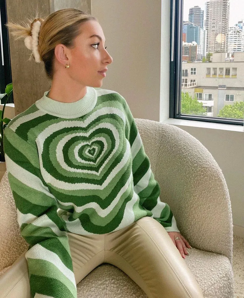 Y2K Ästhetik Pullover Damen Herz Gestreift Rollkragenpullover E-Girl Süße Pullover Langarm Hot Green Pullover 90er Jahre Strickwaren