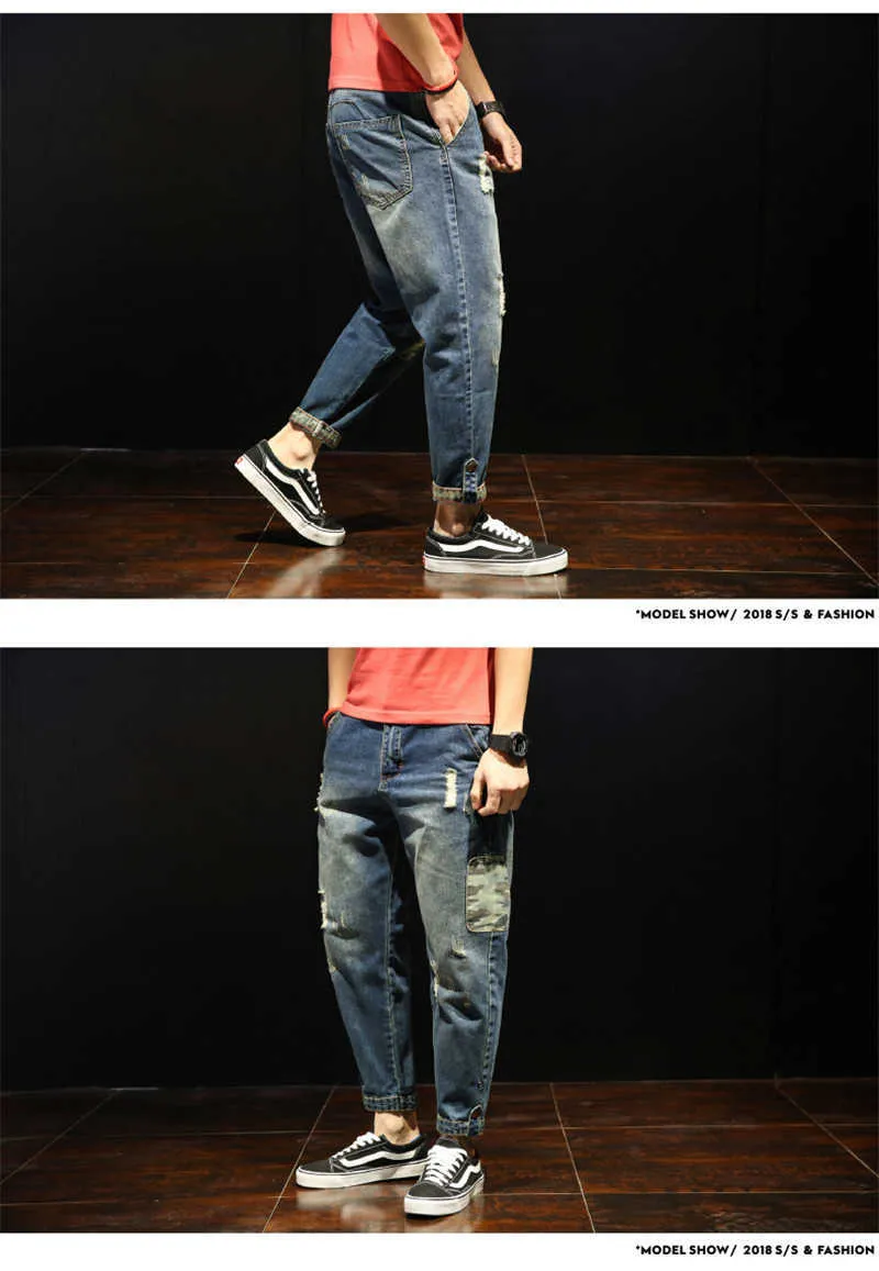 Fashion Patchwork Ripped Men`s Jeans Boys Loose Casual Holes Ankle-Length Harem Pants Jeans Trousers Large Size (18)