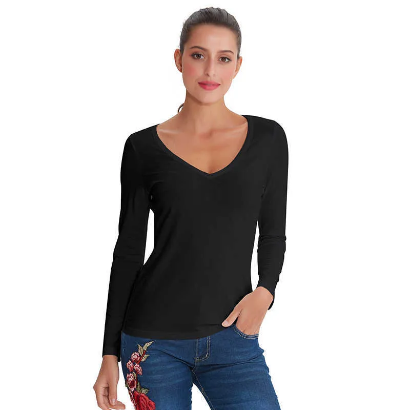 Herfst Vrouwen V-hals Katoenen T-shirt Effen Effen Lange Mouwen Wit Casual Vrouwelijke Slanke Basic Tees Plus Size M30166 X0628