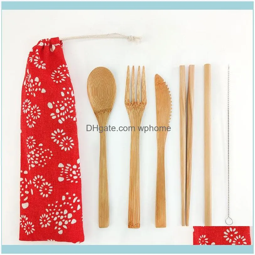 Flatware Sets 6pcs Reusable Bamboo Wood Cutlery Set Eco-Friendly Travel Wooden Natural Cotton Tableware1
