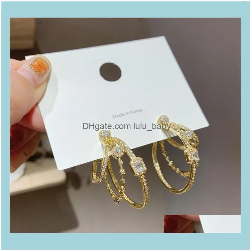 Korean Design Fashion Jewelry Exquisite Luxury Copper Inlaid Zircon Hoop Earrings C-shaped Three Circle Female & Huggie