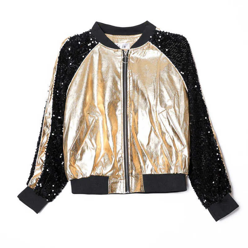 PERHAPS U Femmes Noir Or Argent À Manches Longues Patchwork Paillettes Bomber Veste Zipper À Manches Longues Casual Baseball Uniforme C0441 210529