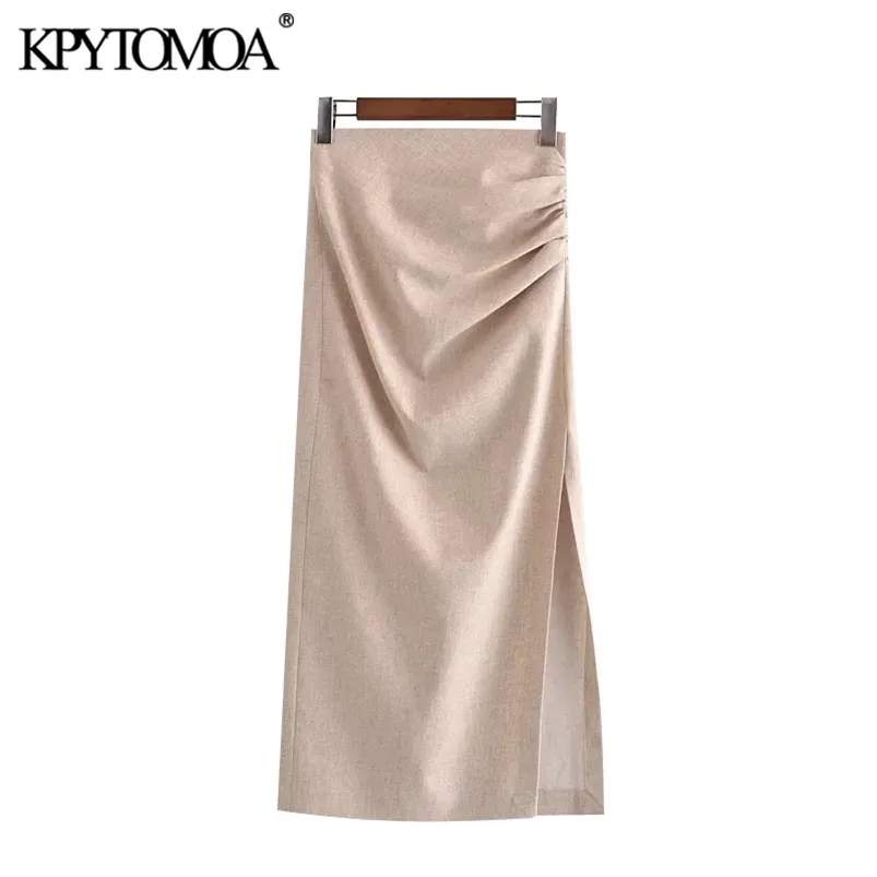 KPYTOMOA femmes Chic mode avec drapé avant fente lin jupe Midi Vintage taille haute dos fermeture éclair femme jupes Mujer 210730