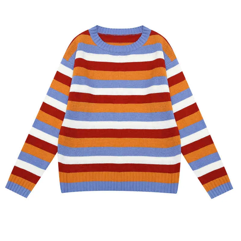 Women Color Matching Sweater Knitted O-neck Pullovers Long Sleeve Rainbow Striped Loose Winter M0121 210514