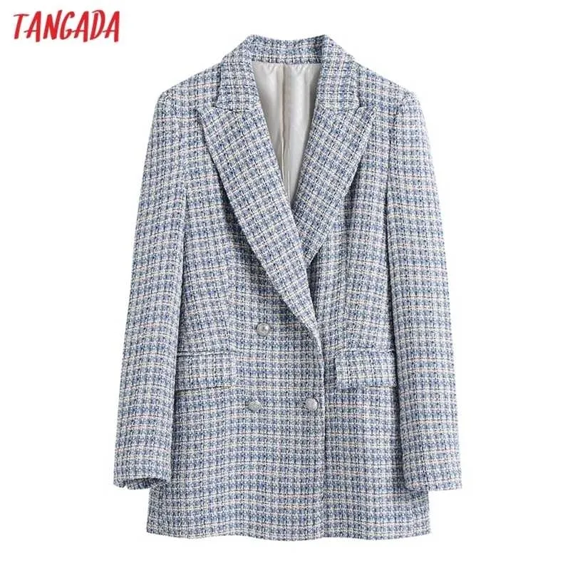 Tangada Women Winter Office Lady Blue Tweed Thick Blazer Coat Vintage Double Breasted Female Outerwear BE579 211122