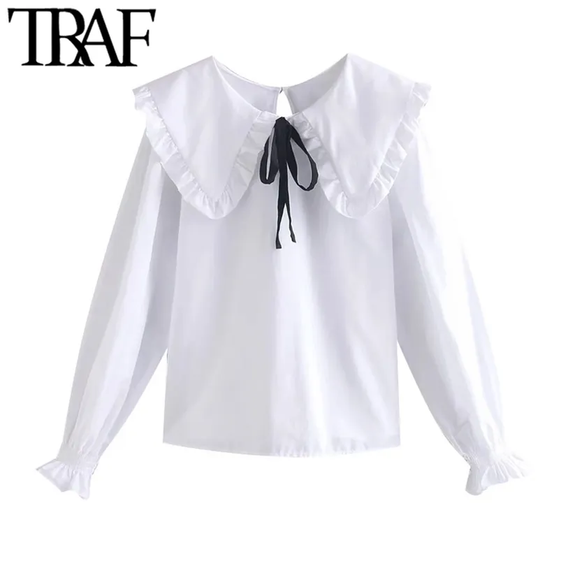 Vrouwen zoete mode met boog gebonden losse blouses vintage Peter pan kraag lange mouw vrouwelijke shirts chique tops 210507
