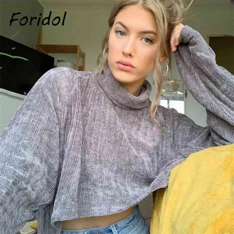 Chenille Fabric Turtle Neck Grå Blusskjorta Kvinnor Vår Höst Långärmad Beskuren Top Casual Ladies Toppar 210427