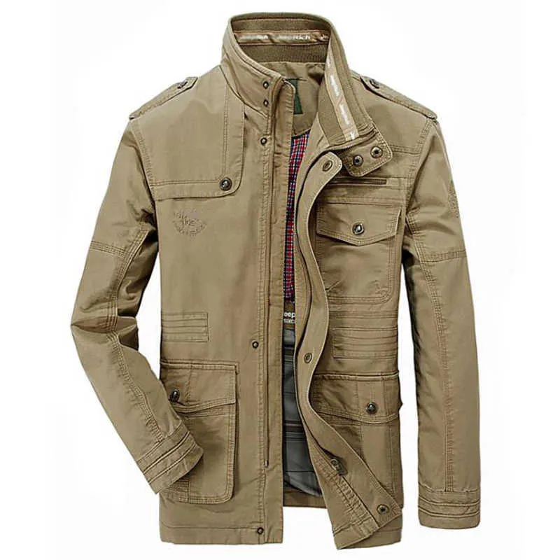 100% хлопок военная куртка мужчины стойки воротник зимний мульти-карманный мужской причинно-следственная ветровка длинные полеты куртки размером l-8xl x0710