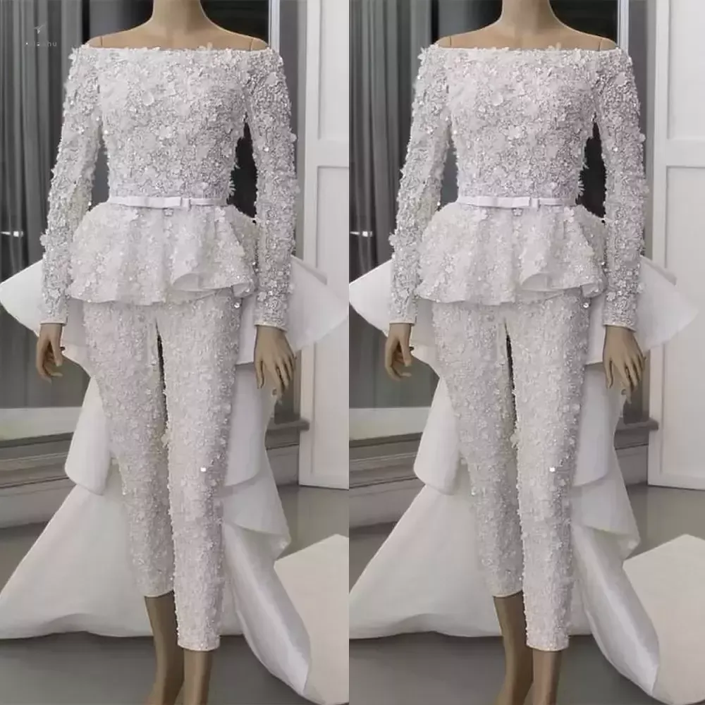 Yeni 2022 Tulum Abiye Ayrılabilir Tren Ile Uzun Kollu Bateau Boyun Boncuklu 3D Çiçek Aplike Custom Made Tül Sweep Tren Balo Parti Kıyafeti Vestidos