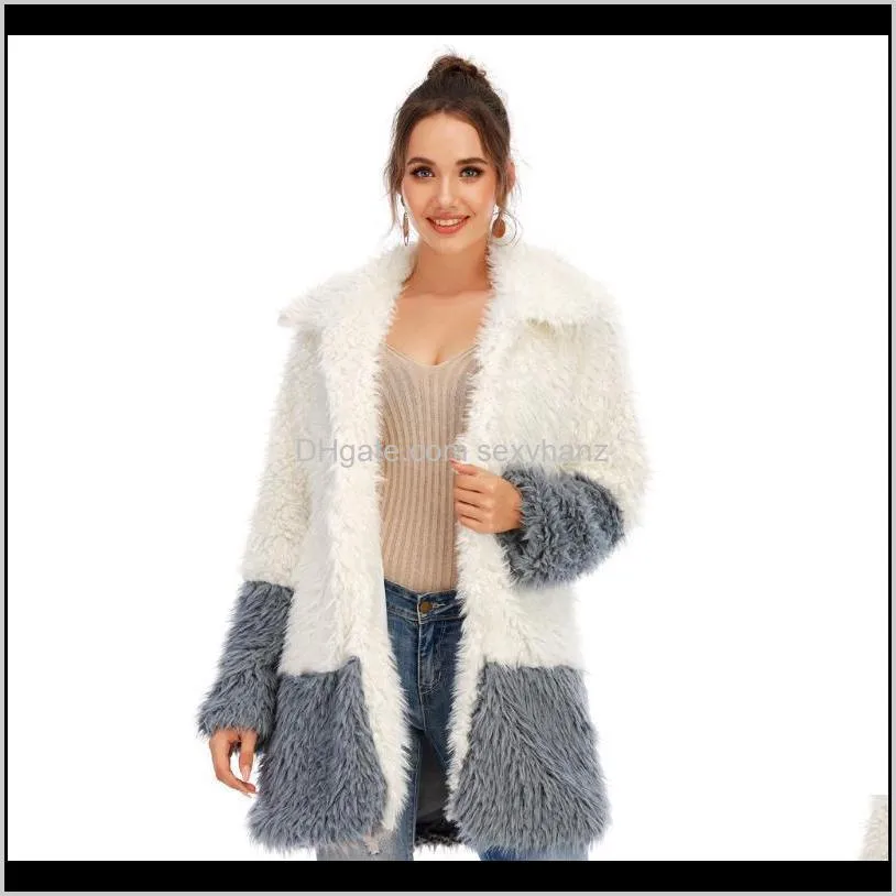 fashion patchwork warm plush jacket casual ladies faux fur cardigan coat female winter long sleeve streetwear womens outerwear