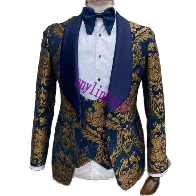 Prawdziwe zdjęcie Navy ze złotym Paisley Woolen Tkaniny Groom Tuxedos Shawl Lapel Mężczyźni Biznes Garnitury Ślubne / Prom / Obiad Odzież (Kurtka + Spodnie + Kamizelka + Kierunek) W 416