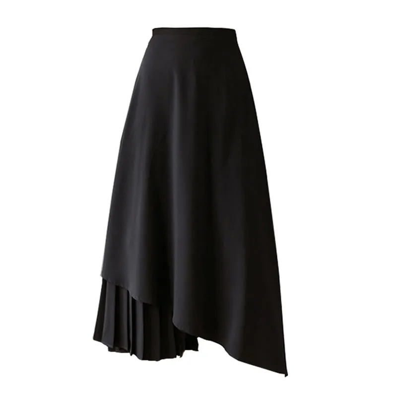 Elfenben Svart Solid Asymmetrisk Midi Skirt High Street Empire Sommar Pläterad Ruched S0152 210514