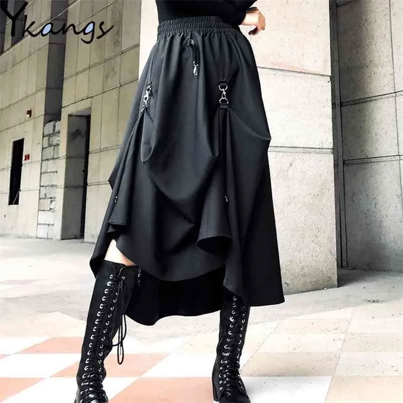 Plus Taille Harajuku Punk Style Jupe Taille Haute Boucle Jupe Gothique Irrégulière Noir Hip Hop Streetwear Librement Ajustable 210730