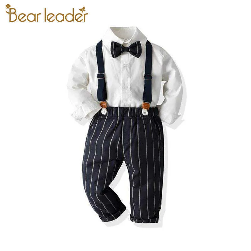 Urso Líder Kids Kids Conjuntos Outono Crianças Bowtie Listrado Suspender Roupas Suits Bebê Casual Ternos Fashion Festa Fatos 210708