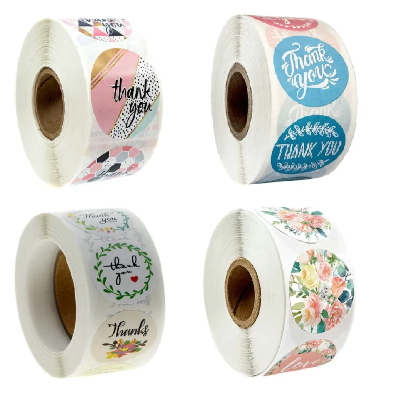 500 stks roll round floral dank u zelfklevende stickers 1 inch bruiloft gunsten partij handgemaakte envelop zeehonden kantoorbehoeften