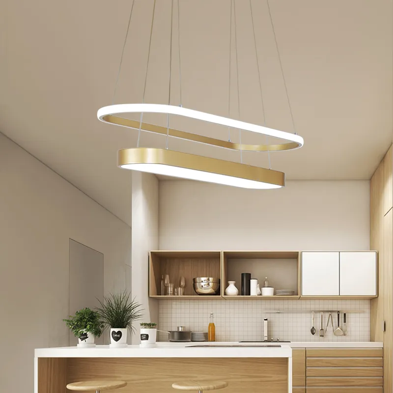 Modern Noord-Europa LED Kroonluchter Goud Zwart Cirkel Plafondverlichting Kroonluchters voor Keuken Eetkamer Kantoor Simple Hanglamp Long Strip Lighting