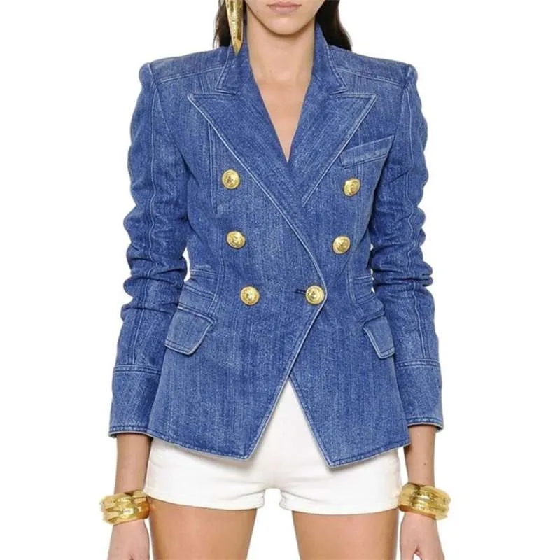 HIGH STREET créateur de mode Blazer veste femmes métal Lion boutons double boutonnage Denim manteau extérieur 210929