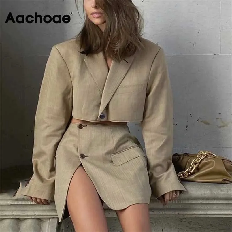 Aachoae mode 2 pièces ensemble femmes Blazer jupe costume couleur unie recadrée Blazer ensembles dames côté fendu Mini jupes tenues 211101