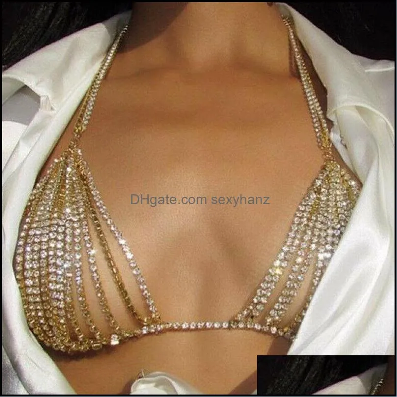 Other Body Jewelry Women Shiny Crystal Rhinestone Chain Mesh Bra Bikini Sexy Charm Hollow Out Panties Chest Drop Delivery 2021 Pbdf8