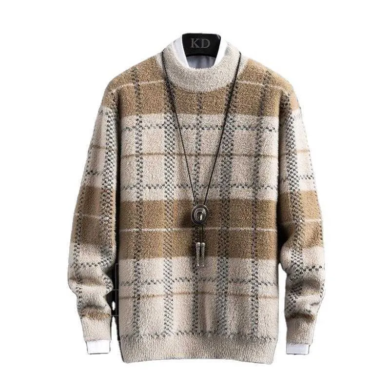 Sweater Men Clothes Winter Thick Plush Warm Mens Plaid Sweaters Fashion Classic Round Neck Men's Pullover Warm Pull Homme 210603