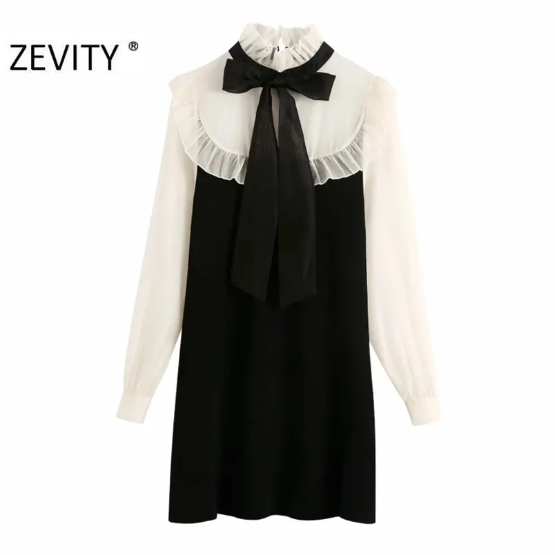 women elegant bow tied chiffon patchwork knitting ruffles shirtdress Office lady casual vestidos chic mini dresses DS4528 210420