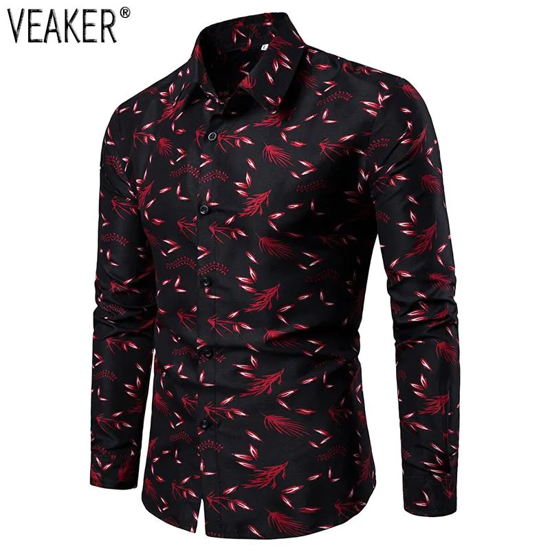 Camisas casuais masculinas 2021 Impresso Masculino Slim Fit Manga Longa Camisa Homens Vermelho Preto Floral Imprimir Plus Size M-4XL