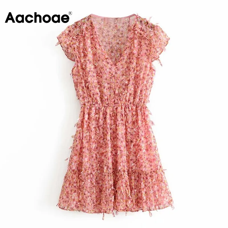 Aachoae imprimé fleuri Mini robe femmes été col en V Boho plage robe à volants manches courtes taille élastique Chic robes robe d'été 210413