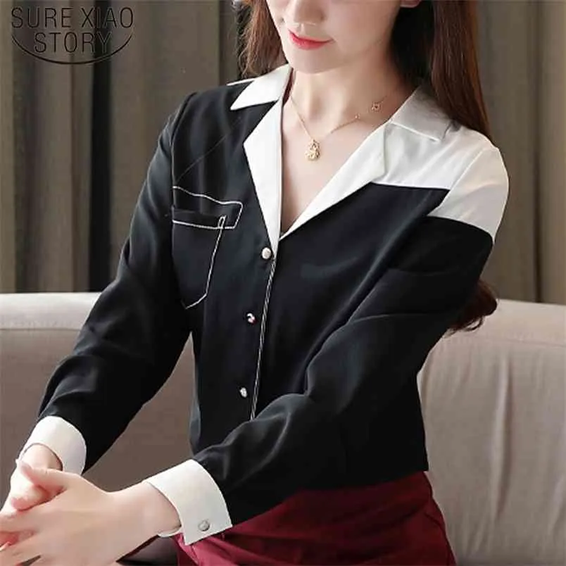 Moda Ofis Bayan Bluz Zarif V Yaka Kıyafetleri Kore Tarzı Kadınlar Uzun Kollu Şifon Bahar Blusas 8476 50 210506
