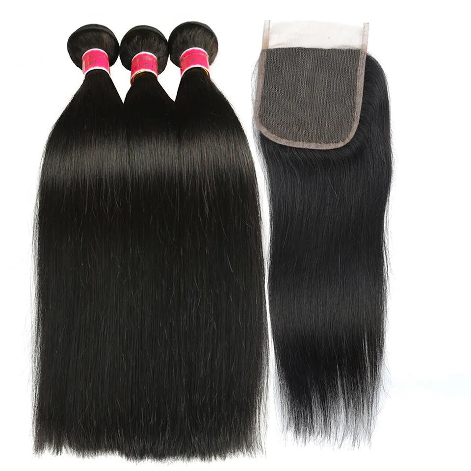 28 30inch Mink Brazilian Hair Bundles With Closure Body Wave Straight Hair With 4x4 Lace Closure Unprocessed Remy Human Hair Weave