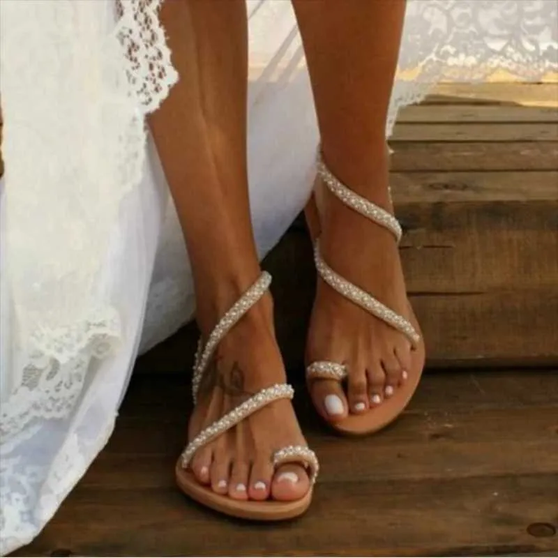 Women boho handmade pearl beach sandals bridal shoes discount