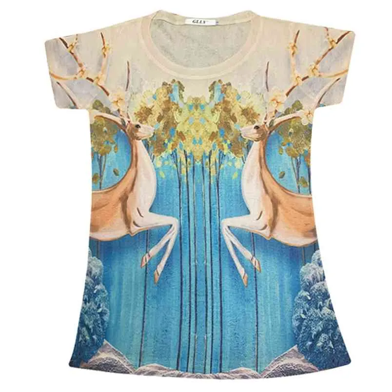 Стиль Европы летние мода женские олень шеи короткие рукава оленя печать футболка футболка женское пуловер повседневная вершины Tees 210428