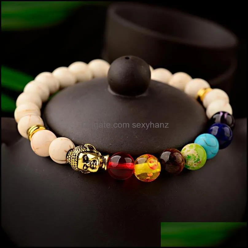Strängar armband smycken yoga buddhism 7 chakra armband unisex pseira mascina womens guld buddha naturliga turkoisar stenarmband