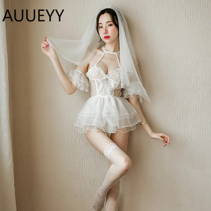 Masaż Sexy Koronki Suknie Ślubne Sexy See-The Outfit Z Veil Biała Księżniczka Bride Wedding Night Flirting Costume Cosplay Bielizna