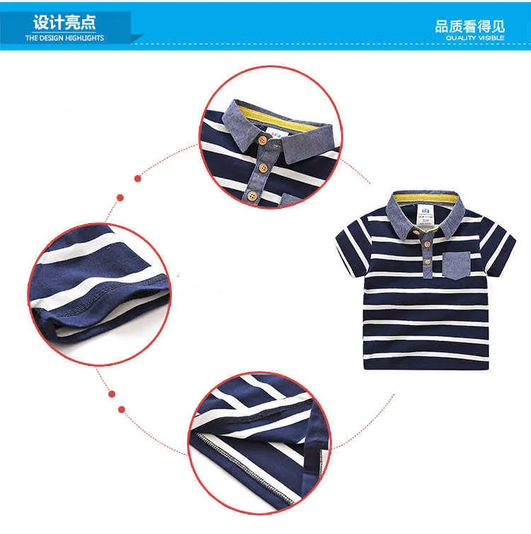  Baby Children Clothing Casual Cotton Short Sleeve Turn-Down Collar Blue White Stripe Print Pocket Kids Teenage Boy T Shirt (1)