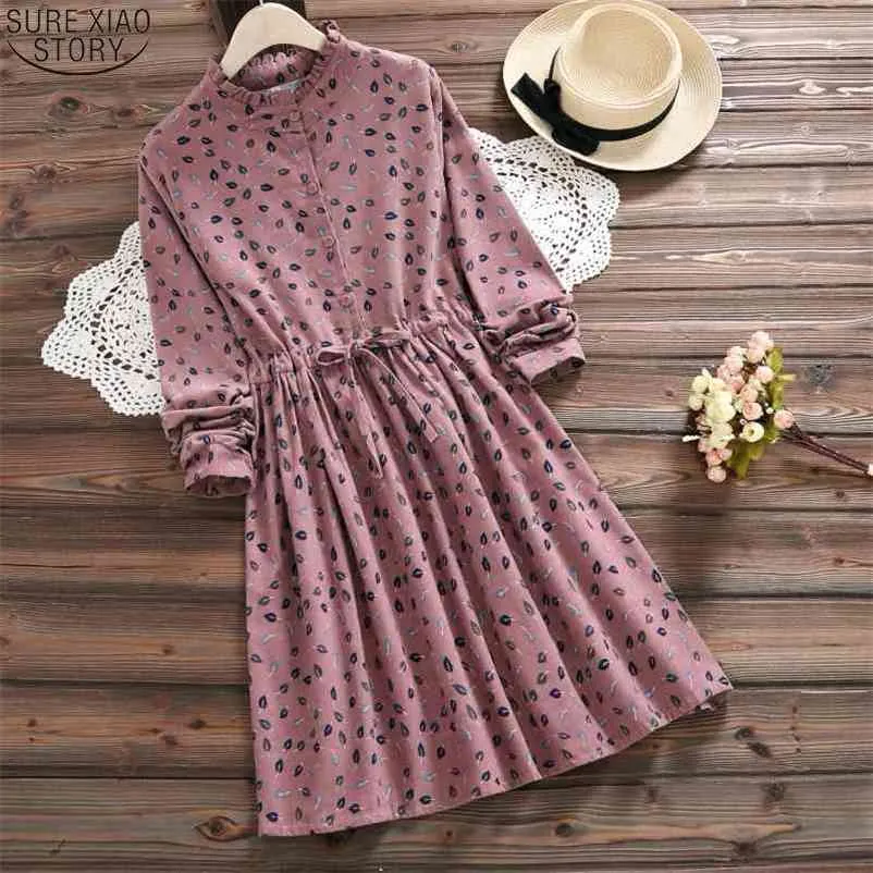 Lente Herfst Elegant Vintage Vestidos Dames Elbise Casual Losse Lange Mouwen Gedrukte Taille Taille Jurken Robe 7427 50 210508