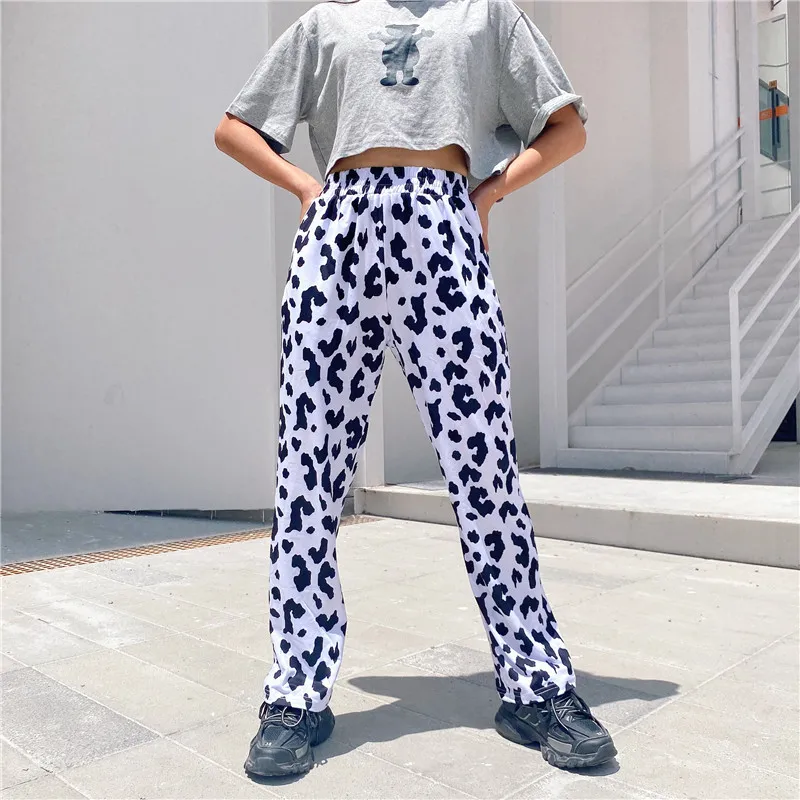 Harajuku Streetwear Fashionable Milk Cow Print High Waist Sweatpants