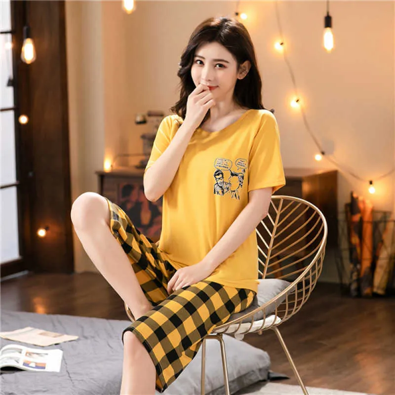 Kısa Kollu Pijama Kadın Yaz Rahat Tatlı Sevimli Karikatür Pijama Lady Artı Boyutu Pijama Seksi Uyku Tops Homewear Q0706