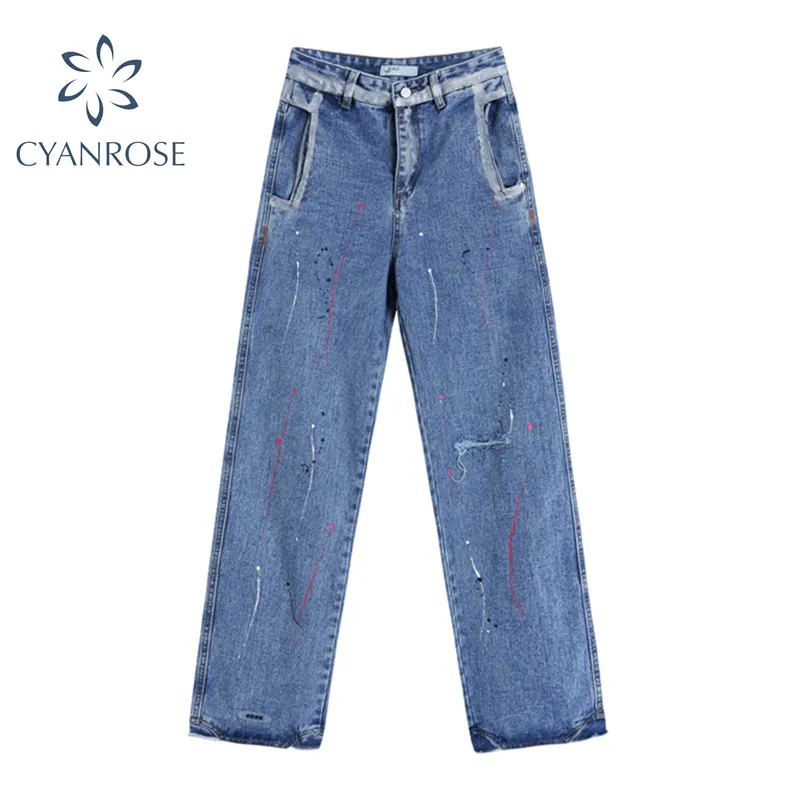 Geschilderd blauwe denim broek hoge taille vintage streetwear wide been jeans broek mujer mode harajuku bf ulzzang rechte broek 210417