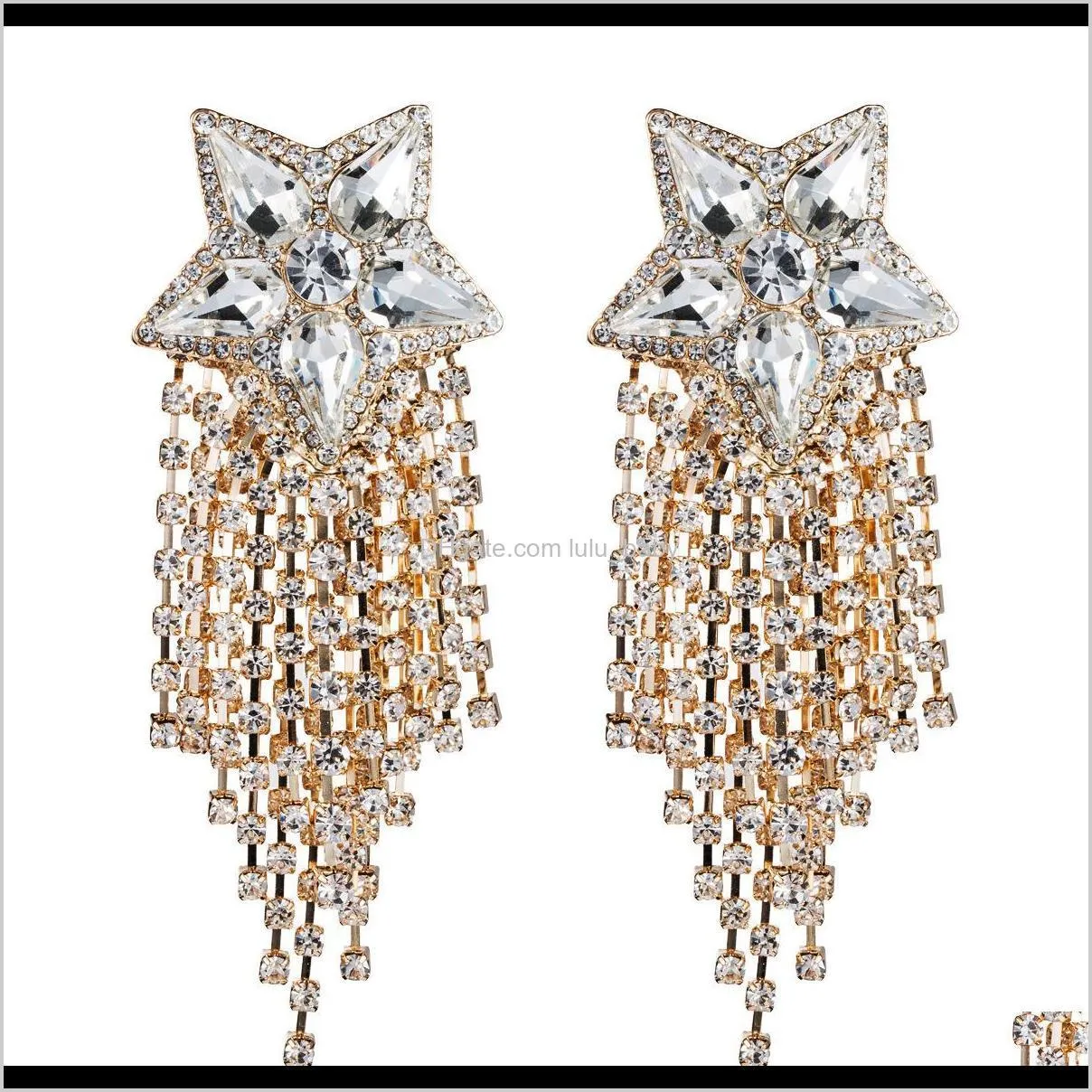 exaggerated wind diamond glass diamond five-pointed star rhinestone tassel earrings women`s fashion super flash full diamond banquet