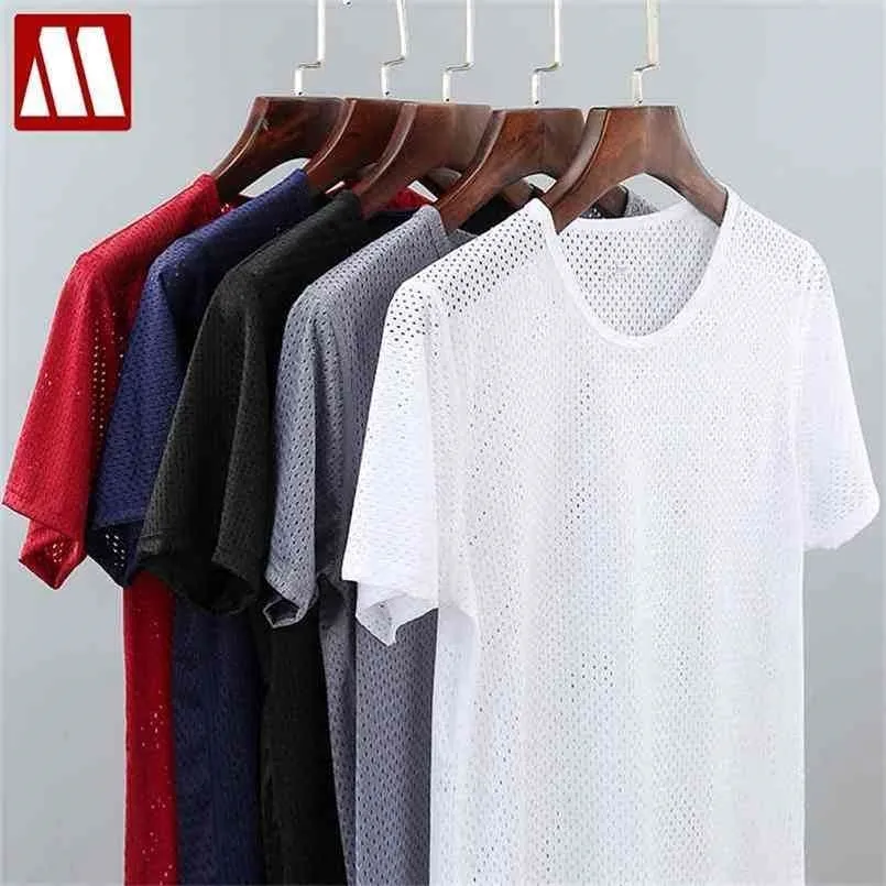 Maglia solida da uomo T-shirt a rete trasparente T-shirt elasticizzata T-shirt trasparente sexy manica corta 4XL O collo 5 colori MYDBSH 210716